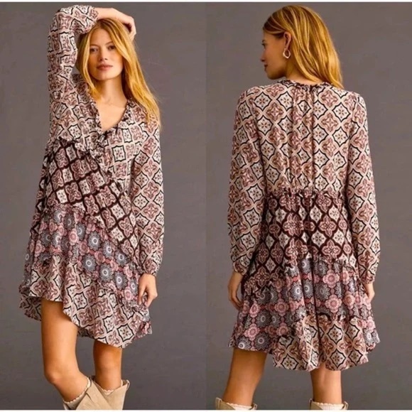 Anthropologie Tiered V Neck Boho Mini Dress - Size Small - Peasant Floral - Picture 1 of 6